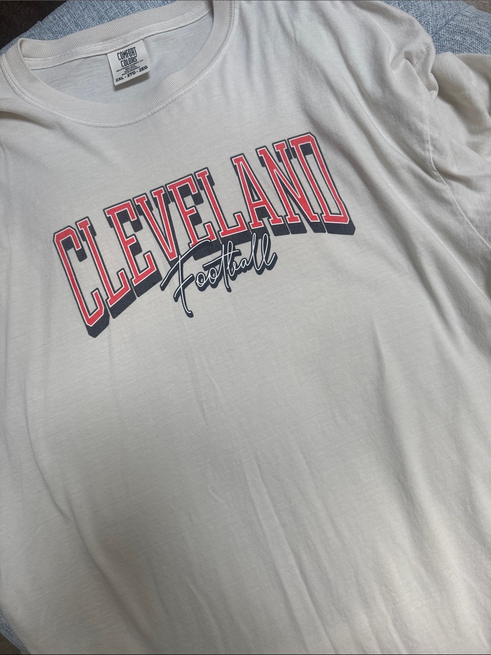 Comfort Colors Cream Tee with Red & Navy Cleveland Football Graphic